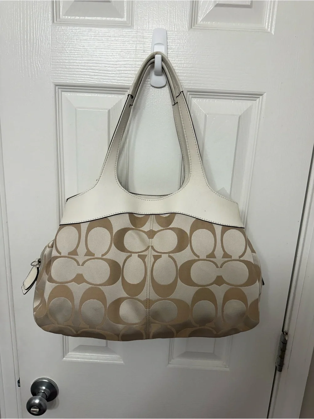 Coach Beige and White Signature Shoulder Bag